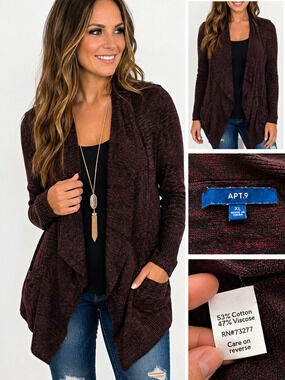 APT. 9 Women’s XL Open Front Cardigan Sweater Burgundy Black Marled Knit Pockets